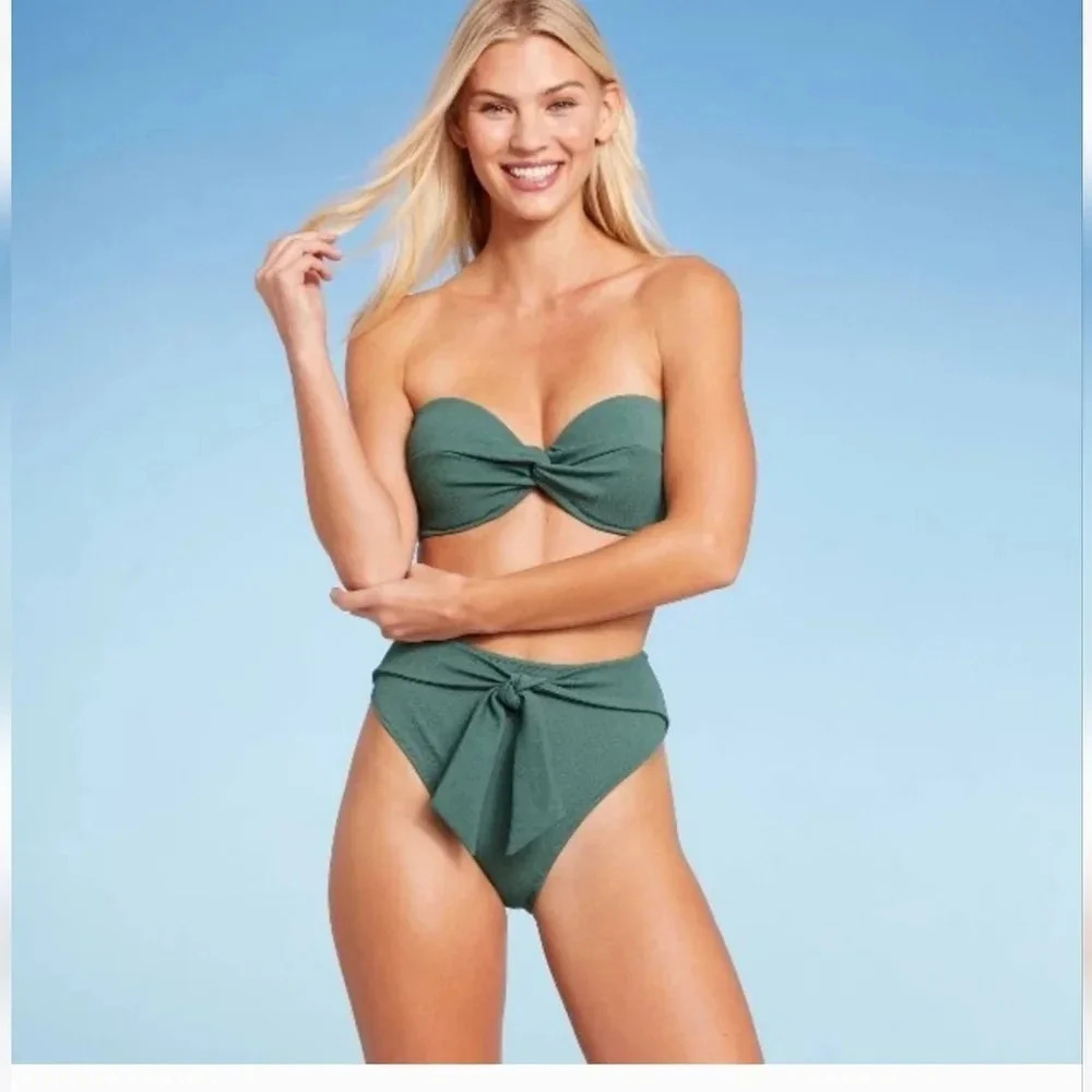 Shade & Shore Green Twist-Front Bandeau Bikini Set | 38D Top & Medium Bottom